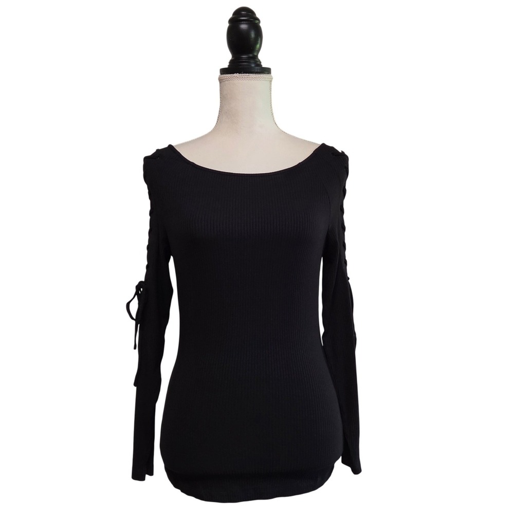 NWT BEBE Black Ribbed Knit Top Lace Up Long Sleeve Size S Y2K Goth Whimsigoth